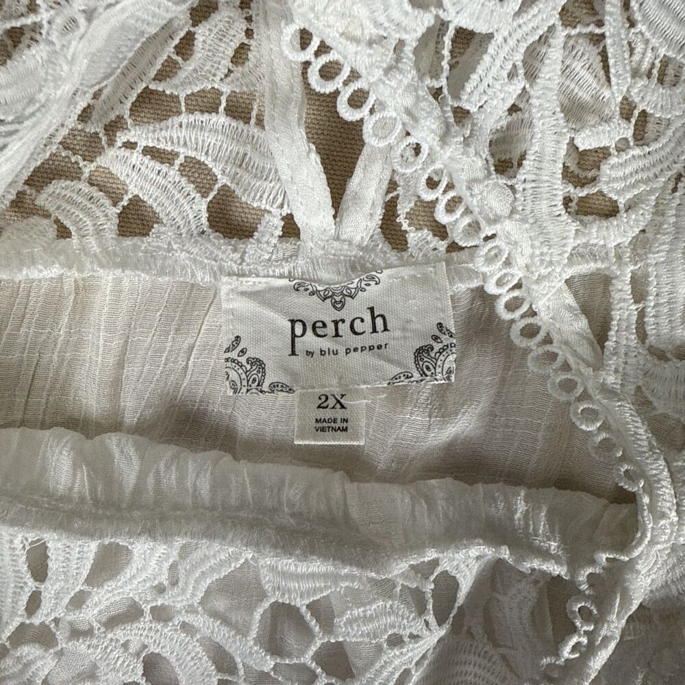 Perch White Lace Crochet Yoke Blouse 2X Flutter Sleeve Rayon Blend Boho Romantic - Picture 8 of 10